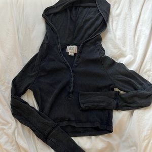 Urban Outfitters Ribbed Cropped Button Long Sleeve with Hood
